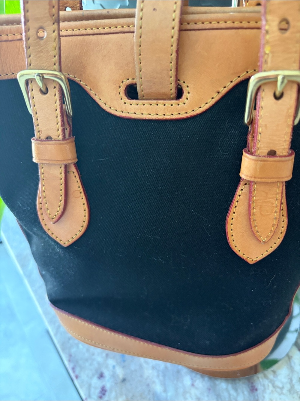 Dooney & Bourke Black Canvas Shoulder Bag with Tan Leather Trim